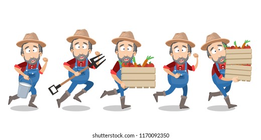 Gardener personage runs with agricultural tools. Bearded farmer carries wooden box with ripe vegetables. Man in overalls quickly works. Agrarian worker crop harvesting on farm vector illustration