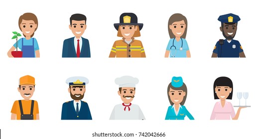 Gardener with plant, businessman, brave firefighter, doctor, African policeman, plumber, Italian chef, stewardess and waitress vector illustrations.