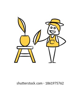 gardener and plant pot yellow doodle man theme