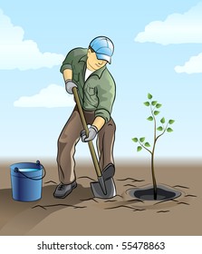 Gardener plant a tree - vector illustration