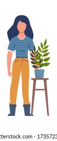 Gardener with plant. Woman florist holding flowers, agricultural worker vector character