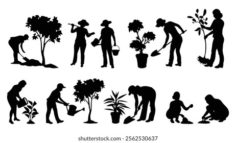 
Gardener, planted, small trees, farmer, seed silhouettes set isolated flat vector illustration on white background.