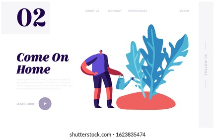 Gardener Planting Local Eco Food Website Landing Page. Man Enjoying Gardening Hobby. Farmer Working in Garden Care of Plants and Watering Greenery Web Page Banner. Cartoon Flat Vector Illustration