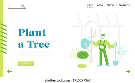 Gardener Planting Tree to Ground in Warm House Landing Page Template. Farmer Man Character Working in Garden Digging and Care of Plants in Greenhouse, Active Hobby or Work Linear Vector Illustration