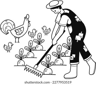 gardener planting vegetables illustration in doodle style isolated on background