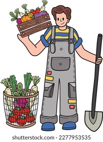 gardener planting vegetables illustration in doodle style isolated on background