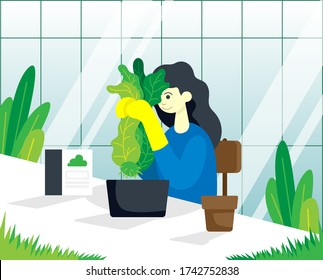 Gardener with plants in hands think how to take care of him. Color illustration.