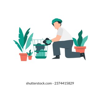Jardín con plantas en macetas. Ilustración vectorial de estilo plano para el diseño conceptual de prácticas sostenibles y respetuosas con el medio ambiente. 