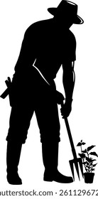 Gardener plants seedlings using pitchfork tool outdoors silhouette design black and white agriculture work