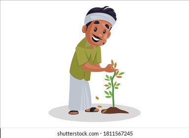 Gardener is plucking the dry leaves from the plant. Vector graphic illustration. Individually on white background.