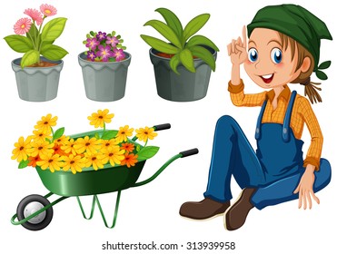 Gardener with potted plants and flowers illustration