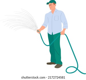 The gardener pours water from a hose, gardening work in the garden in summer. Male farmer caring for plants, hand drawn flat cartoon vector illustration.