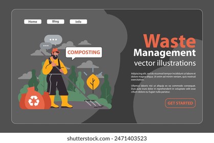 Gärtner fördert Kompostierung. Bärtiger Mann mit der Heugabel steht neben einem Recyclingsack, Sprechblase kündigt Kompostierung in einer üppigen Umgebung an. In: Organic Waste Initiative. flache Vektorillustration