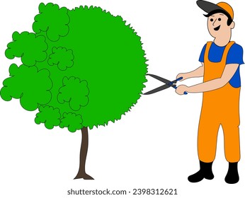 A gardener prunes trees in the garden. . He has a large pruning shears in his hands. Illustration on a transparent background. Cartoon. Vector.