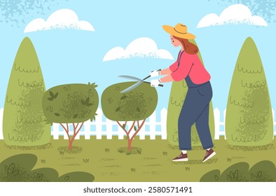 Gardener pruning hedge. Professional garden maintenance, gardening worker in overall cut bush trimming small trees on backyard green nature landscape, classy vector illustration original artwork