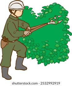 Un jardinero poda ramas cubiertas de plantas en un jardín.