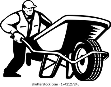 Gardener Pushing Wheelbarrow Low Angle Retro Negro y Blanco
