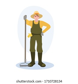 Dibujo vectorial Gardener With Rake de la colección de profesiones. Dibujo plano de caricatura aislado en blanco