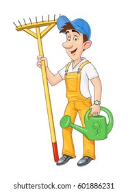 Gardener with rake and watering can. Working occupation. Cartoon character. Agriculture hobby. Housekeeping job. Isolated white background. Eps10 vector illustration