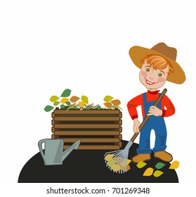 Gardener rakes the leaves in a compost box