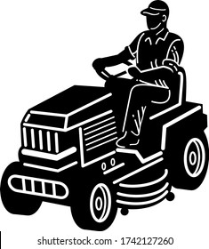 Gardener Riding Ride On Mower Mowing Lawn Retro Black and White
