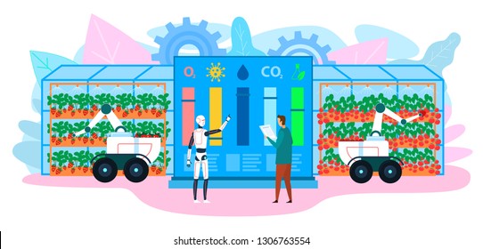 Gardener Robot and Man Work Together. Service Robots Helpers. Robotic Plants Growing. Industrial AI. Futuristic Technology. Innovation Robot. Artificial Intelligence Concept. Vector EPS 10.