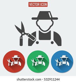 Gardener with scissors flat vector icon isolated on white background. Set of gardener symbols for mobile app, logo, ui or web site design on colorful round buttons with long shadow, EPS10.