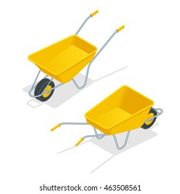 Gardener with seedling in wheelbarrow, sunny nature. Vector isometric 3d flat illustration.