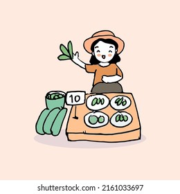 Gardener selling vegetables and fruits in her shop. Local market