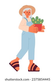 Gardener senior woman holding plant 2D cartoon character. Grandmother gardening. Female farmer mature isolated vector person white background. Planting horticulture color flat spot illustration