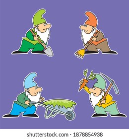gardener, set of four characters, vector illustration, color illustration, white outline