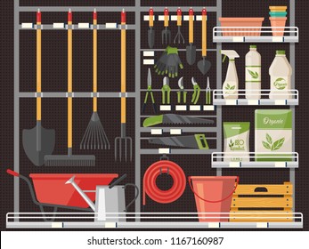 Gardener shop or store showcase with equipment. Horticulture and agriculture accessory like flowerpot and pitchfork, seed and watering can, gloves. Farming and garden, cultivation and merchandising