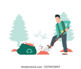 Jardín con pala y bolsa de basura. Ilustración vectorial plana para el diseño conceptual de prácticas sostenibles y respetuosas con el medio ambiente. 