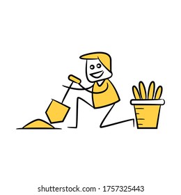 gardener shoveling, digging plant yellow doodle theme