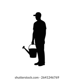Gardener silhouette holding watering can outdoors.