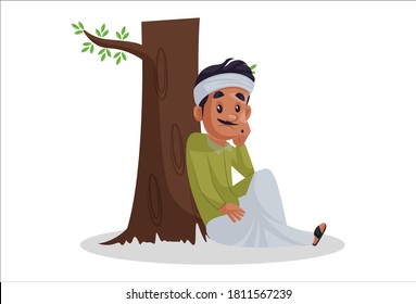 Gardener is sitting under the tree and thinking. Vector graphic illustration. Individually on white background.