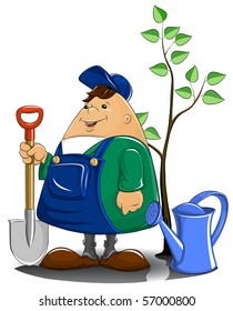 gardener with spade watering can and tree vector illustration