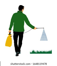 Gardener sprays pesticide vector illustration isolated. Farmer applying insecticide fertilizer to his vegetable using a sprayer.  Man watering plants and grass. Worker applying insecticide fertilizer.