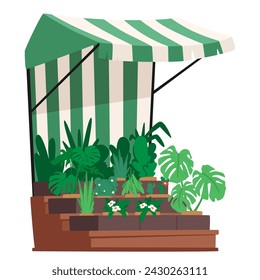 Gardener Stall Kiosk With Green Striped Canopy, Offering Vibrant Blooms, Flowers And Lush Greenery. Inviting Space To Enhance Your Garden With Expertly Curated Plants. Cartoon Vector Illustration