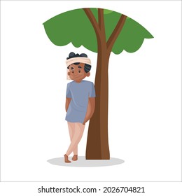 Gardener is standing with a tree. Vector graphic illustration. Individually on a white background.