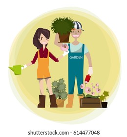 A gardener stands holding a small tree pot gardening beside a girl  holding a green watering can.Vector/Illustration