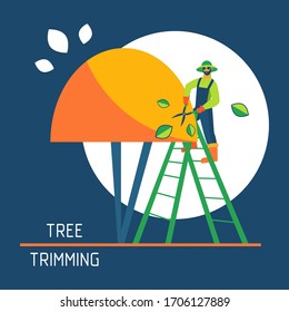 Gardener stands on the scaling-ladder and prunes off the top of the tree's crown with hedge shears against the backdrop of a circle. Flat vector illustration. Garden care concept for design of banners