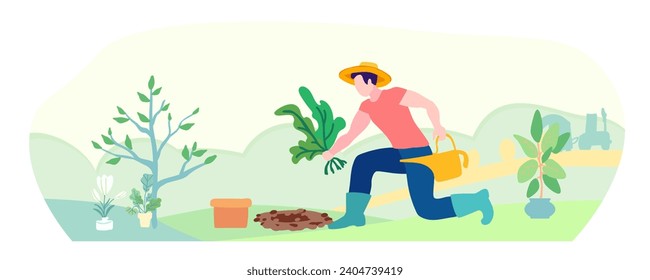 A gardener in a straw hat plants a plant. Hand drawn, Cute vector illustration