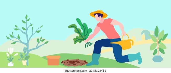 A gardener in a straw hat plants a tree. Hand drawn, Cute vector illustration