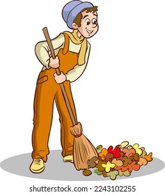 gardener sweeping fallen leaves cartoon vector illustration