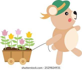 Gardener teddy bear pulling wooden small cart with flowers