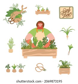 gardener tending herbs: character, set of seedlings, wooden boxes, scissors, cutting board