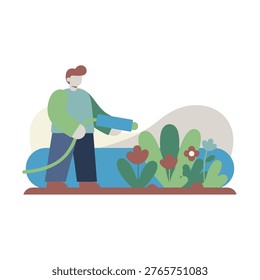 A gardener tends and waters vibrant plants