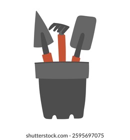 Gardener tools in bucket in flat cartoon design. Metal shovel, spade and rake with wooden handles in plant pot. Gardening season growing and springtime agronomy instruments.  Vector illustration