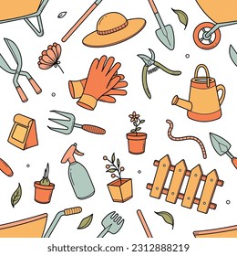 Gardener Tools in freehand vector doodle sketches seamless pattern